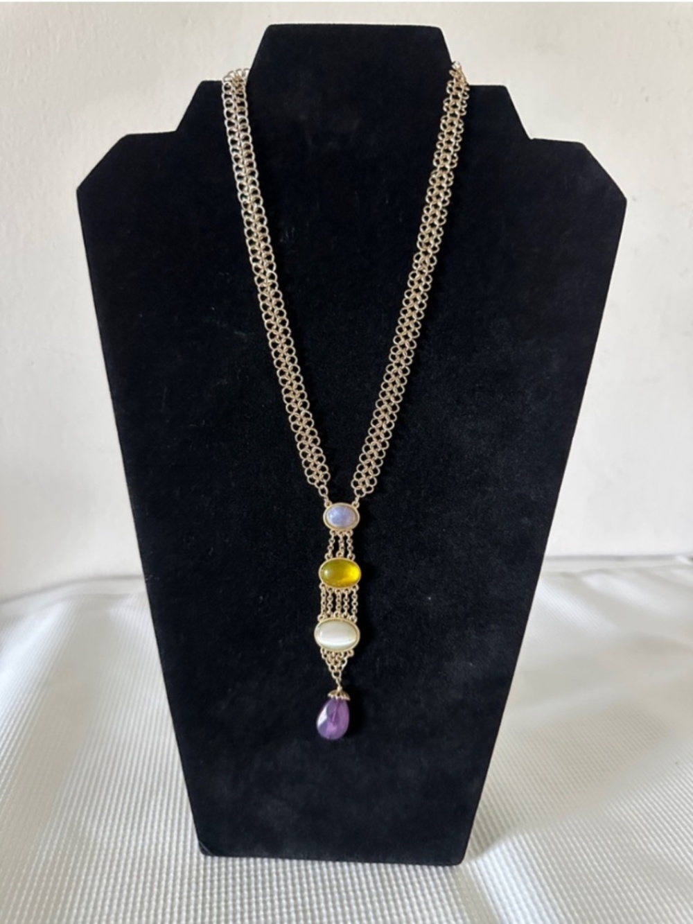 Gold Chain Necklace with Purple, Yellow and White Gemstones